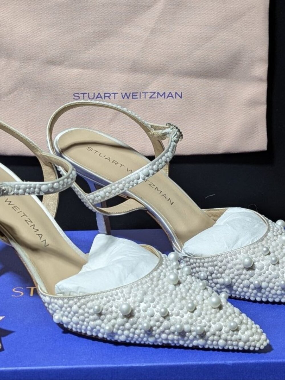 Stuart Weitzman Bliss 85 Pearl-Embellished Satin Pumps Cream/Natural US Size 7.5 - Picture 4 of 16